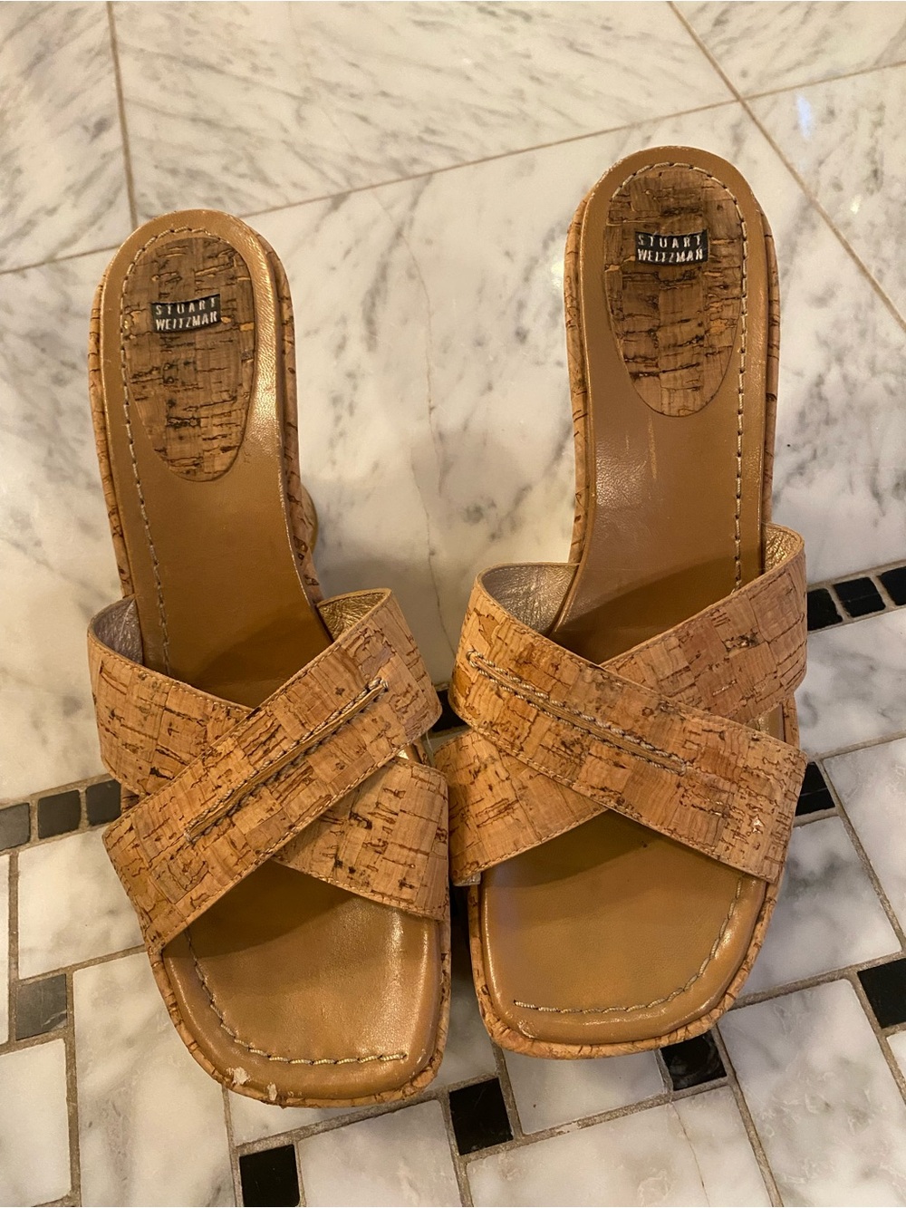 Stuart Weitzman Cork Crisscross Wedges - 4 inch heel.